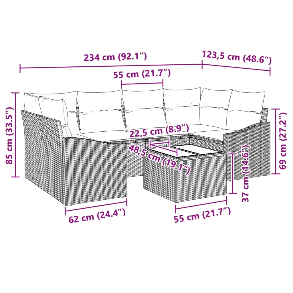 Set di divani 7 pz 3-Numero di posti Marrone e Rosso polyrattan 3346624
