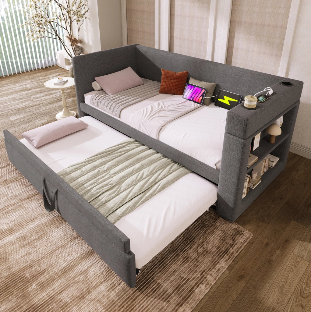 Divano letto estraibile 90x190 cm con USB, portabicchieri e vani laterali
