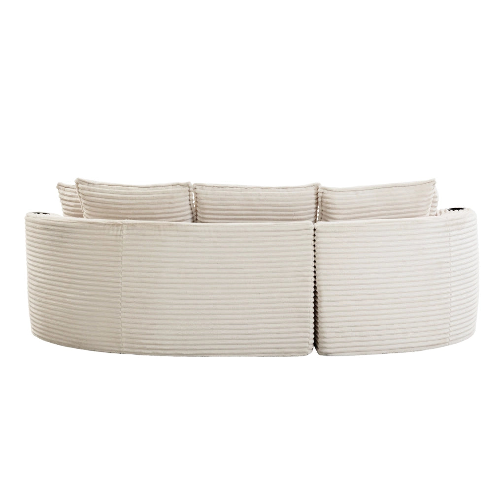 Divano ad arco 250x152x82 cm in tessuto corduroy beige con portabicchieri e tasche laterali