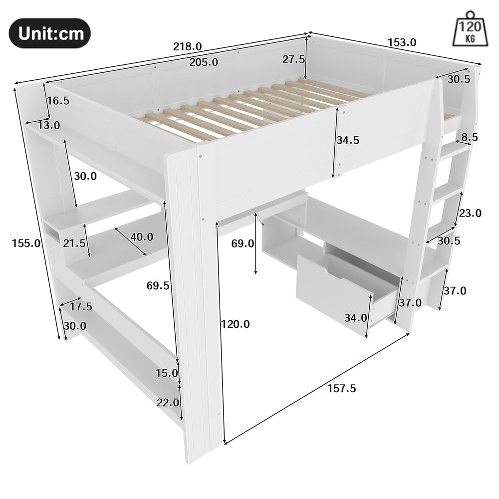 Letto a Soppalco con Scrivania e LED ¨C MINIMAL ¨C Bianco 140x200 con Cassetti e Ripiani