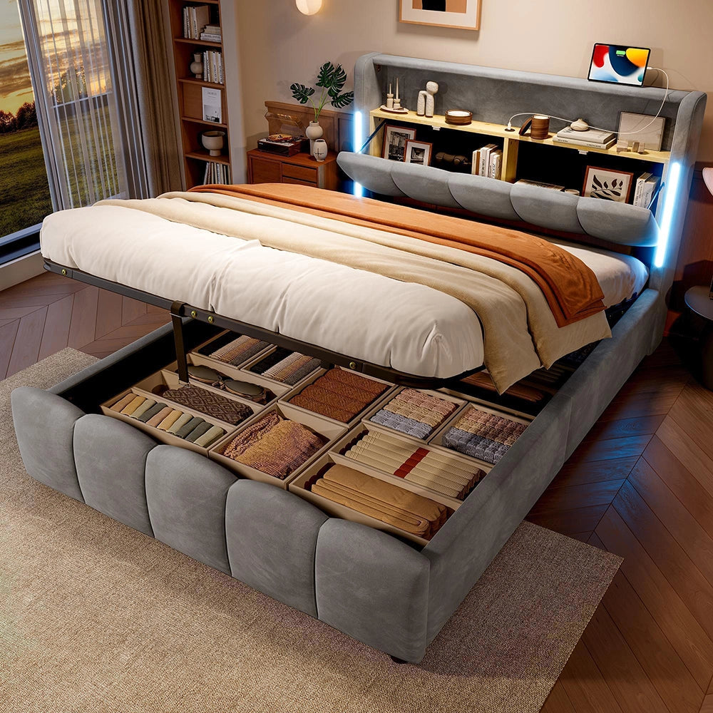 Letto 140x200cm?- Xylo - idraulico USB velluto grigio