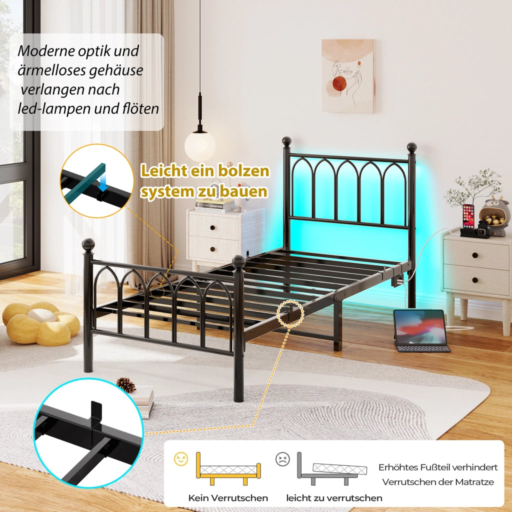 Giroletto con LED e USB ¨C MINIMAL ¨C Metallo Nero 90x200 con Contenitore