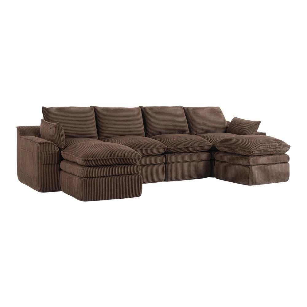 Divano modulare a 4 posti con pouf - Zephmum - Marrone, cuscini inclusi, 3 strati schiuma