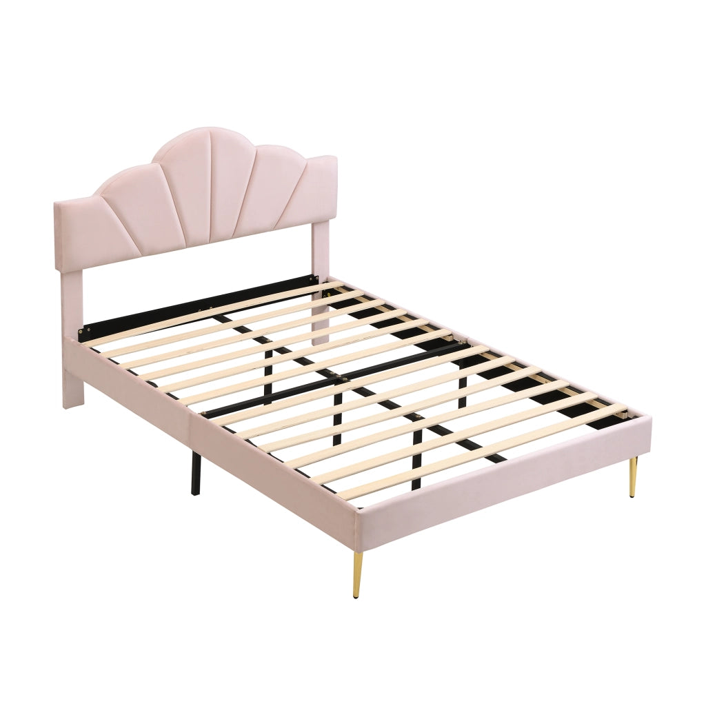 OKWISH Letto Imbottito 140×190 cm, Letto Matrimoniale con Testiera Regolabile e Piedini in Ferro Dorati, senza Materasso, Velluto Rosa
