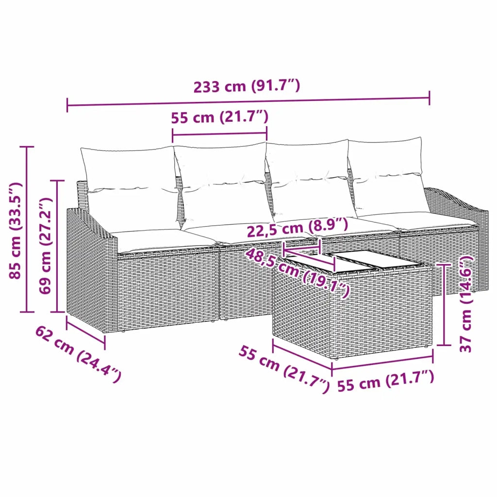 Set di divani 5 pz 3-Numero di posti Marrone e Rosso polyrattan 3346594