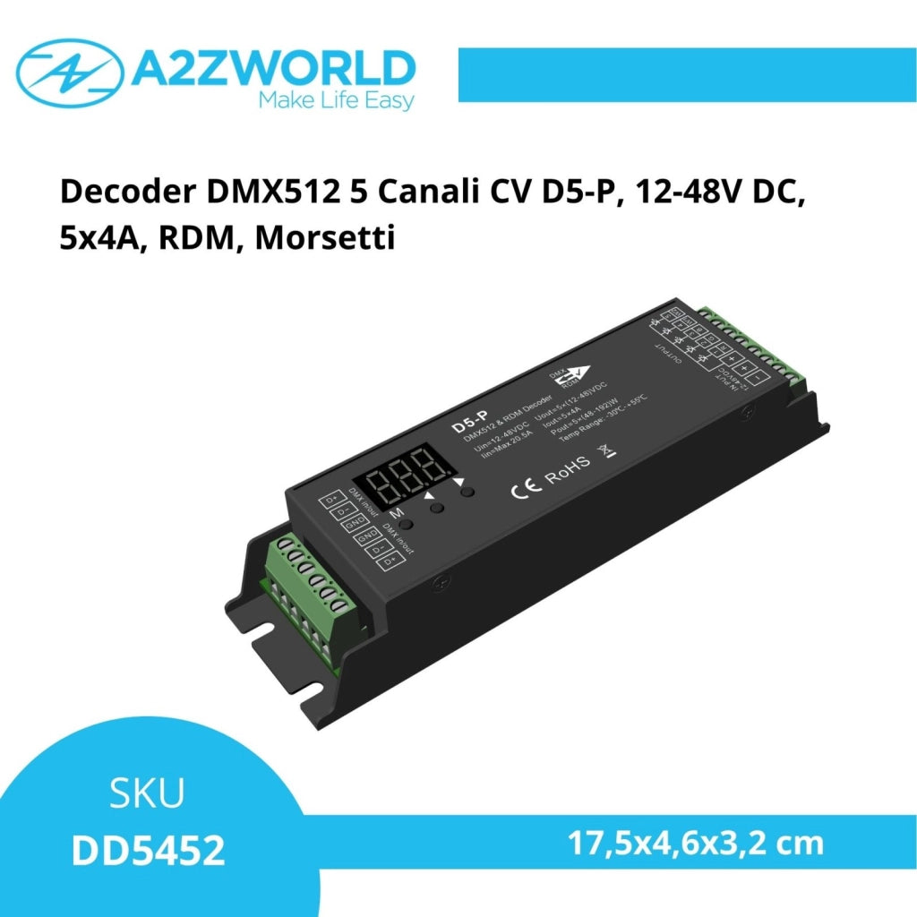 Decoder DMX512 5 canali CV D5-P, 12-48V DC, 5x4A, RDM, morsetti