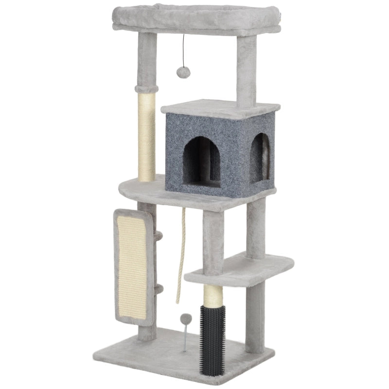 ALBERO RASCHIATOIO 132 cm con cuccia, casetta e piattaforme, grigio chiaro