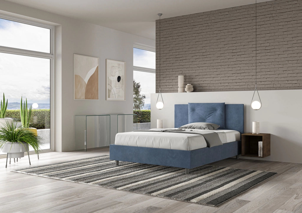 BS COM Letto queen size senza rete imbottito 150x200 microfibra blu