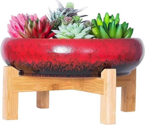Piatto Bonsai Grande con Base - Piatto per Piante Cactus Profondo con Schermo di Drenaggio per Polvere 254 CM Piatto Ceramico per Piante Container per Interno/Esterno (Rosso)
