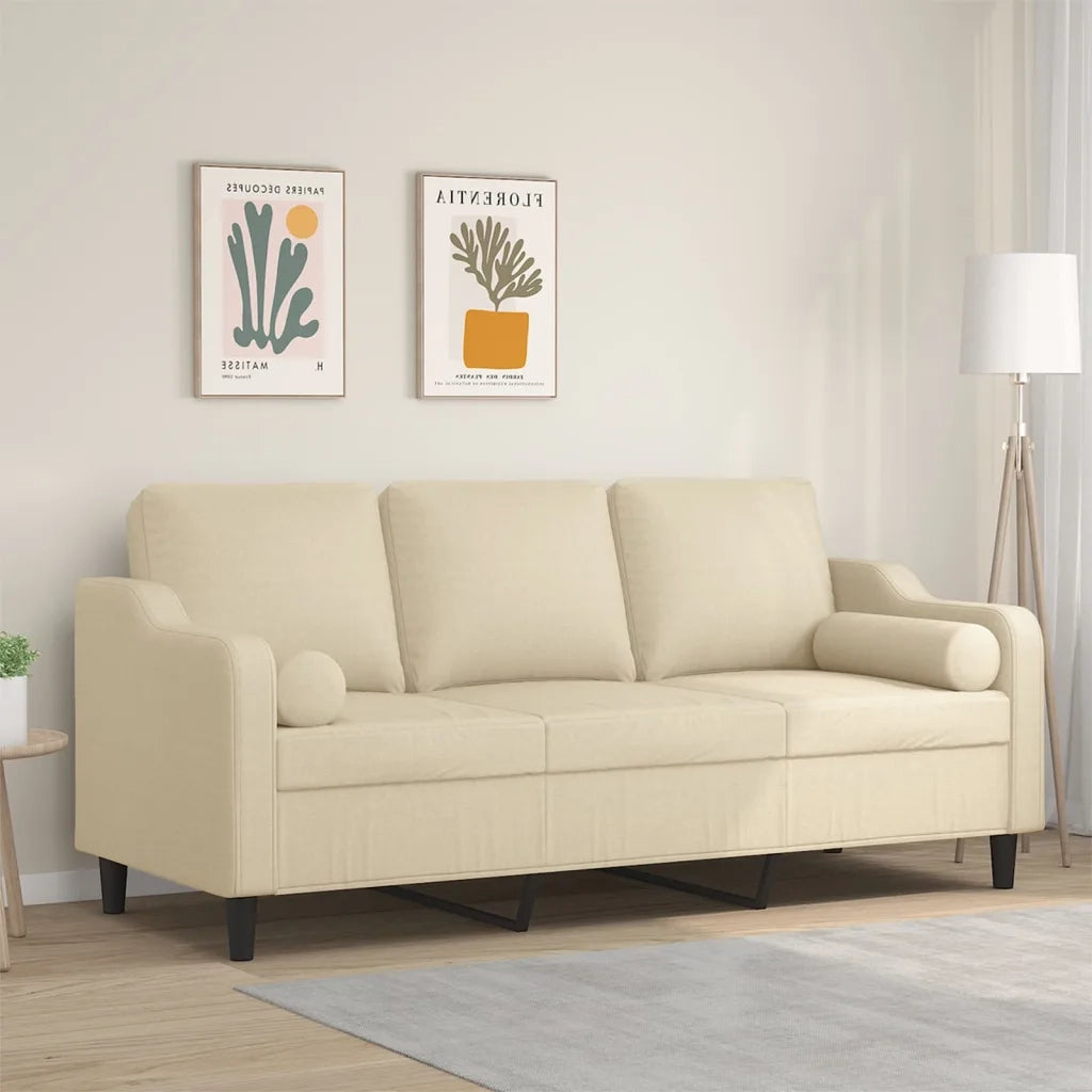 Divano a 3 Posti con Cuscini Crema 180 cm in Tessuto