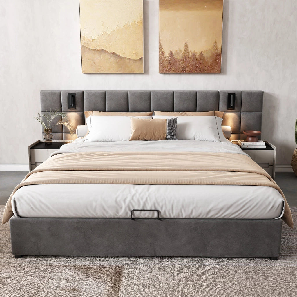 LETTO Contenitore 160x200 cm in velluto grigio con lampada e USB