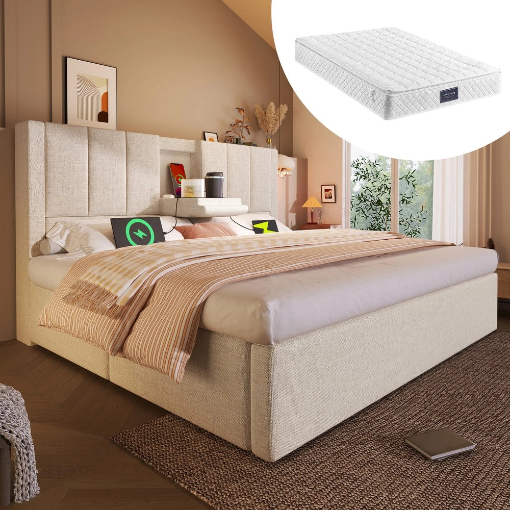 Letto Contenitore Imbottito 140x200 ¨C MINIMAL ¨C Idraulico, con Rete, Beige