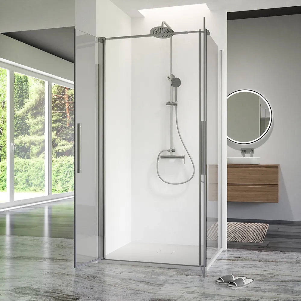 Box doccia 80x70cm con apertura saloon e parete fissa, profili cromati e vetro da 6mm trasparente h195 | Elba