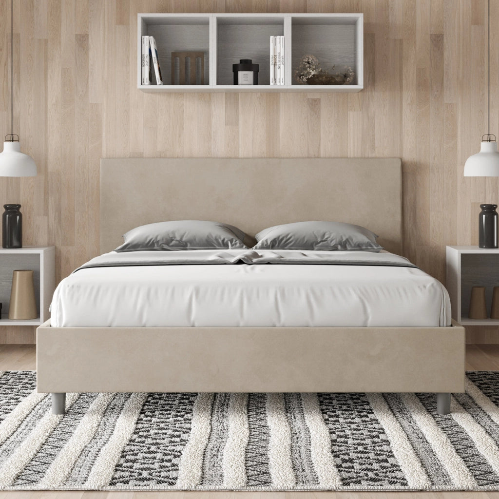 BS COM Letto matrimoniale king size con rete imbottito 170x200 microfibra sabbia