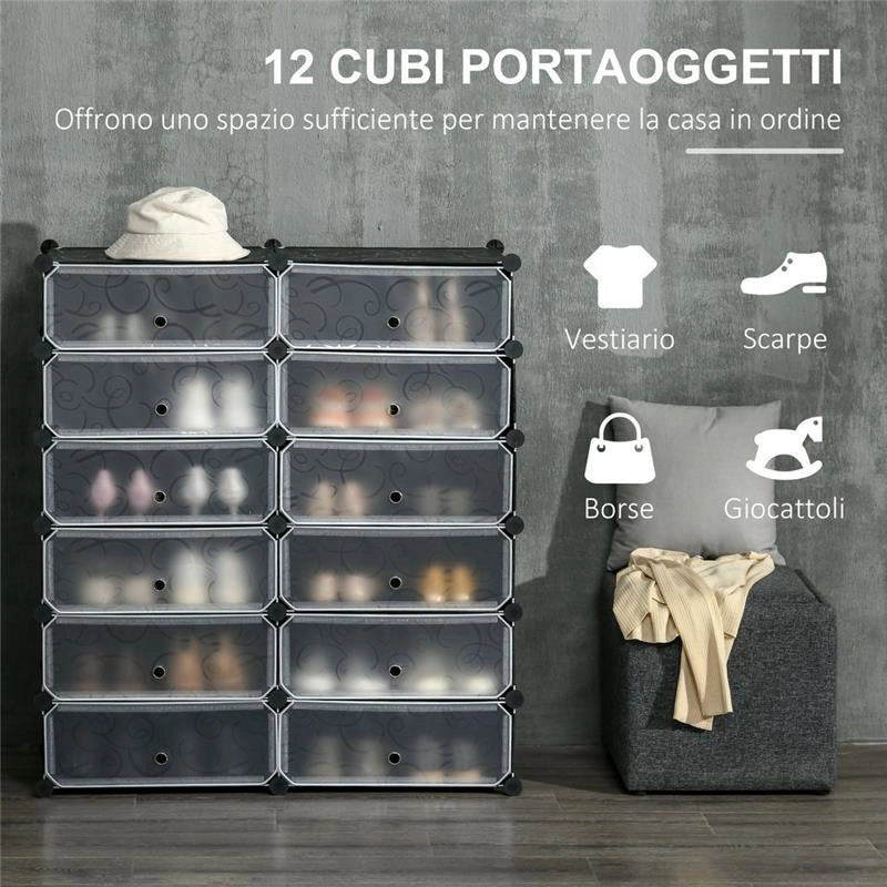 MOBILE SCARPIERA MODULARE SALVASPAZIO CON 12 CUBI NERO E BIANCO