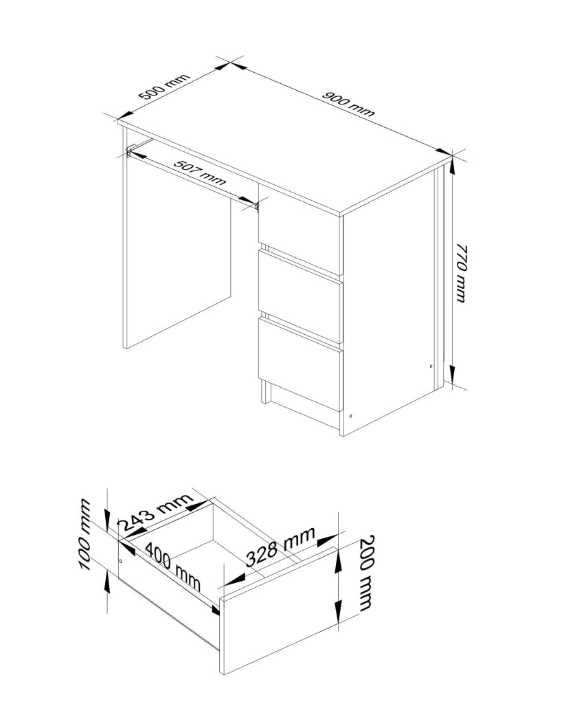 Scrivania per computer AKORD A6 Sonoma Quercia 90 cm 3 cassetti 90x50x77 cm Modello a destra