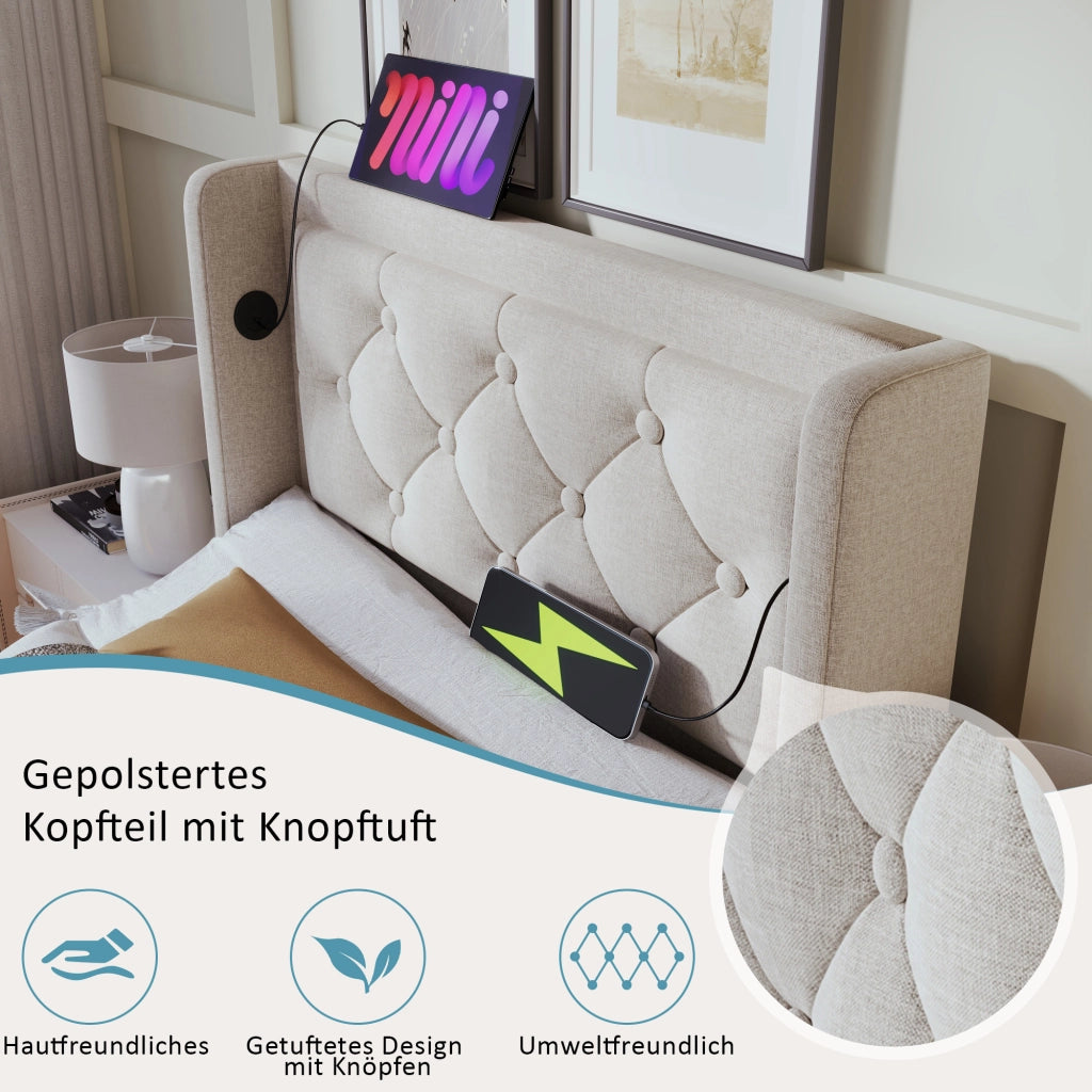 LETTO Contenitore 90x200 cm Beige in cotone, con USB Tipo-C e LED a 3 lati