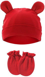 Set di copricapo e guantini per neonati, protezioni auricolari di cotone con funzione antikras, idonee per bambini da 0 a 1 anno, diametro massimo 15,5 cm, rosso