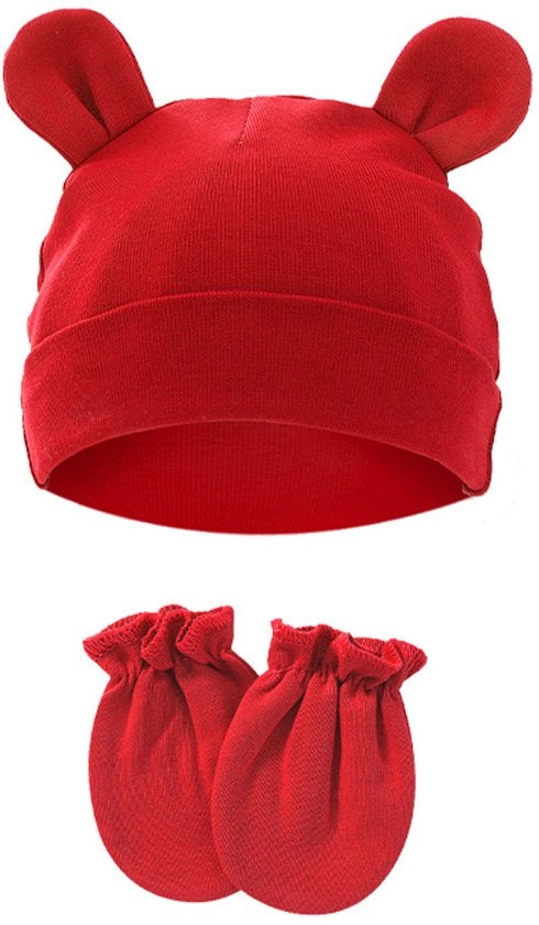 Set di copricapo e guantini per neonati, protezioni auricolari di cotone con funzione antikras, idonee per bambini da 0 a 1 anno, diametro massimo 15,5 cm, rosso