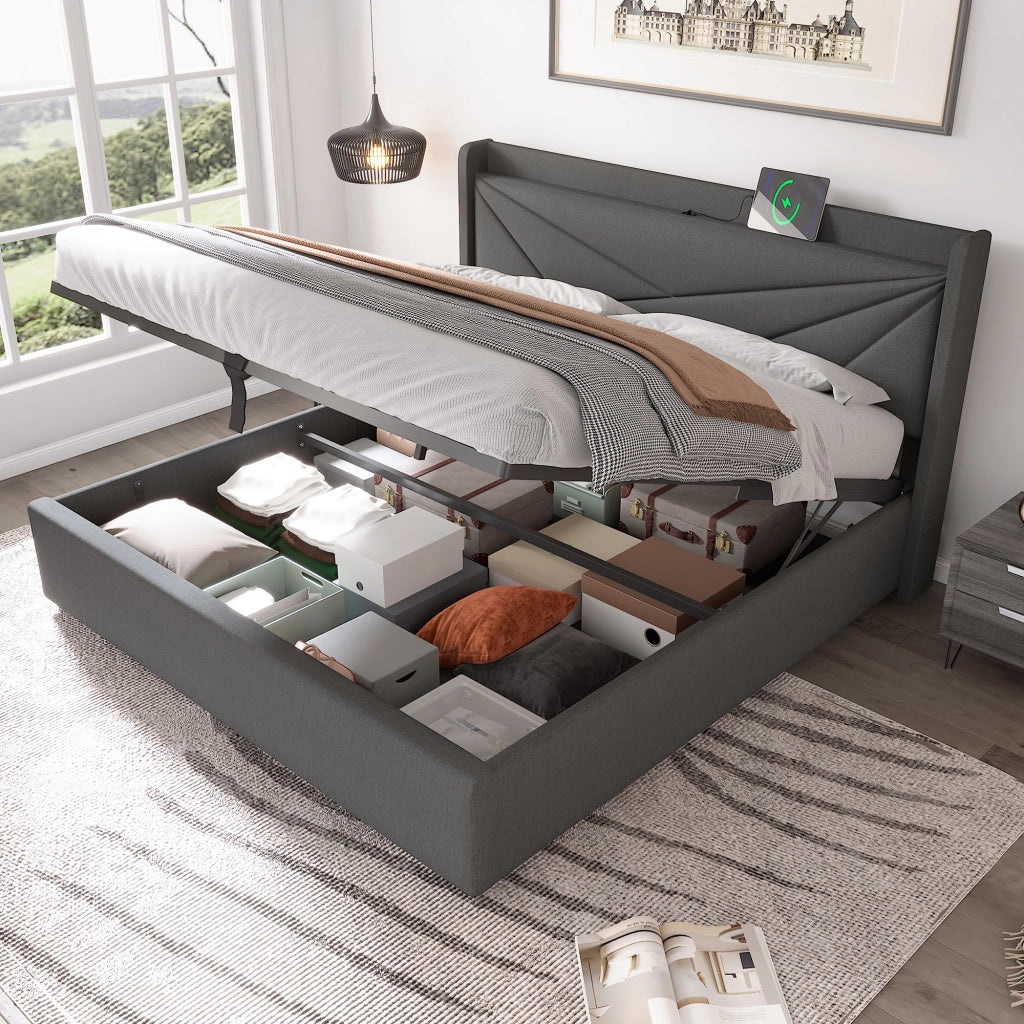 LETTO Contenitore 180x200 cm Grigio in cotone-lino con testiera e USB Type-C