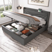 LETTO Contenitore 180x200 cm Grigio in cotone-lino con testiera e USB Type-C