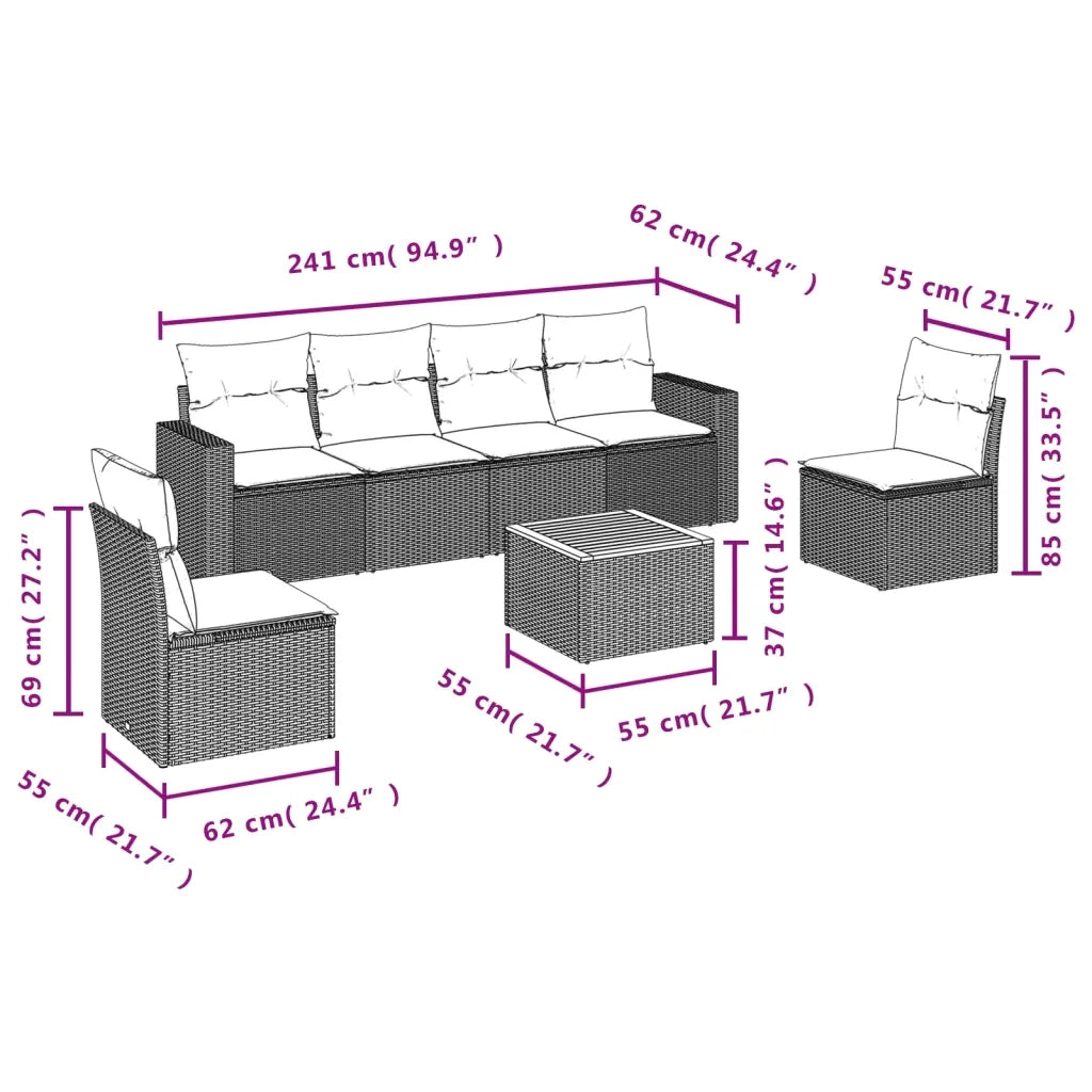 Set Divani da Giardino 7 pz con Cuscini Beige in Polyrattan 3224070