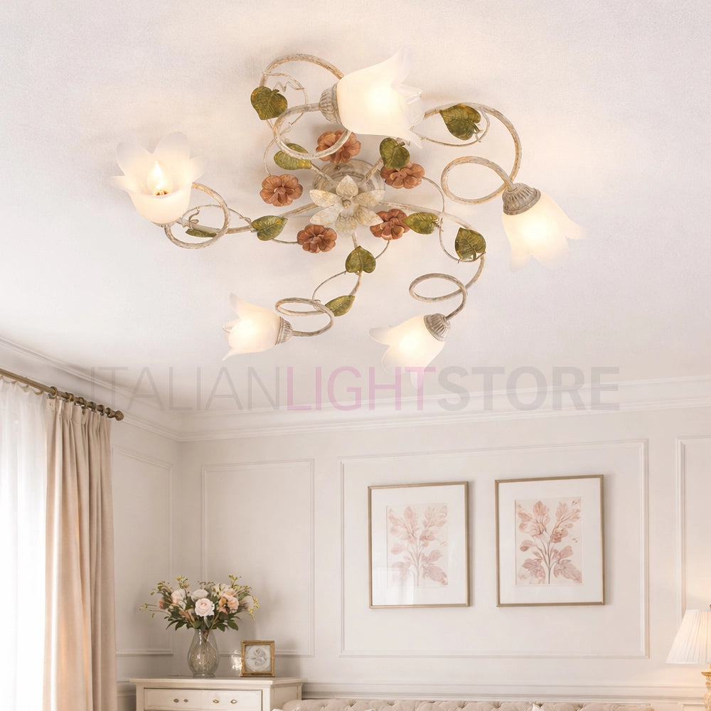 SPRING Plafoniera a 5 Luci in Ferro Decorato Stile Floreale