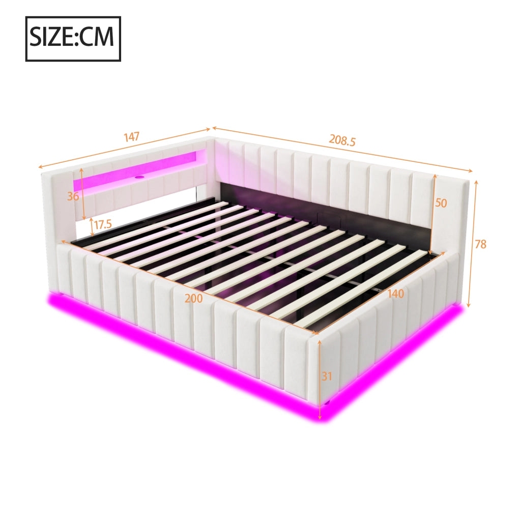 LETTO Contenitore 140x200 cm Imbottito Beige con LED, USB e Schienale