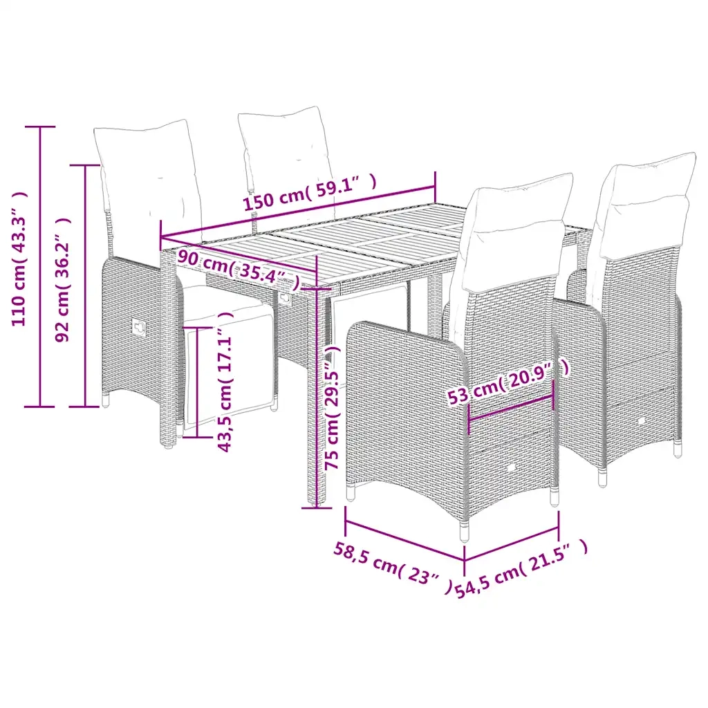 Set Bistrò da Giardino 5 pz con Cuscini in Polyrattan Grigio