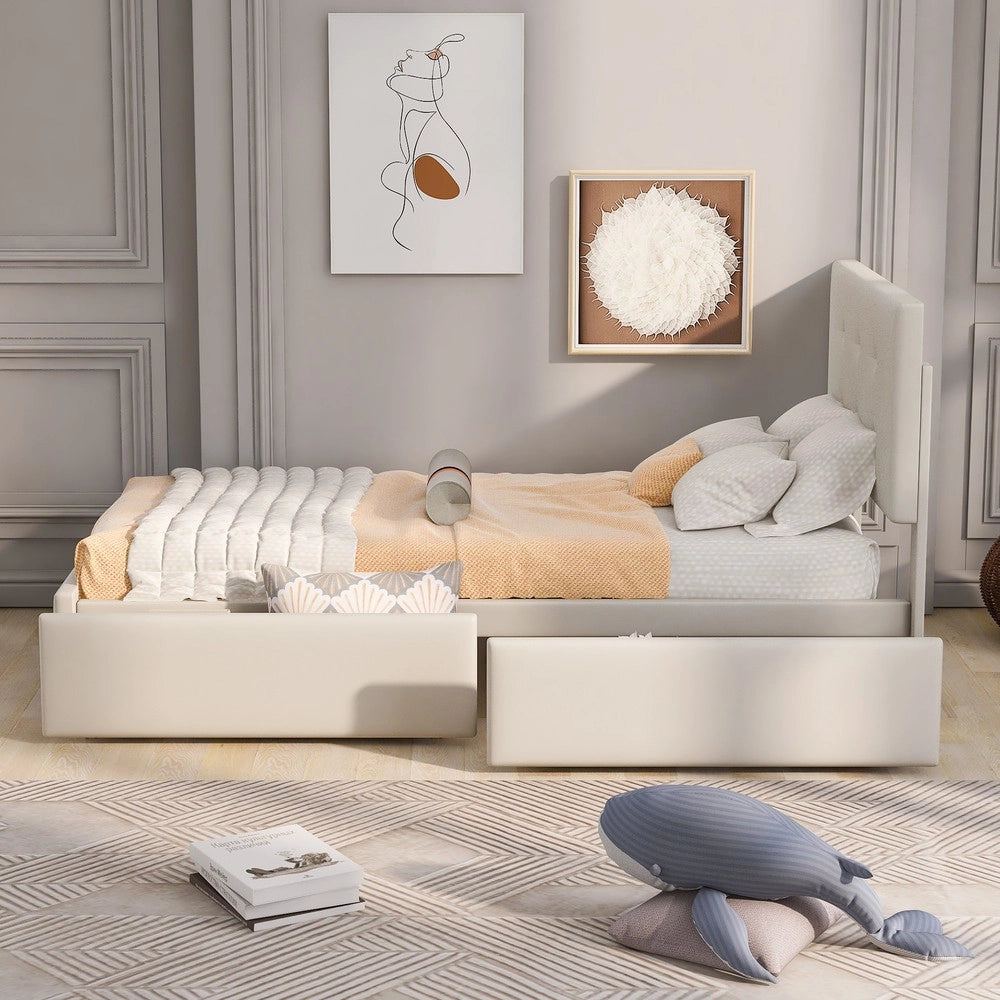 Letto Singolo Imbottito con Cassetti e Rete ¨C MINIMAL ¨C Velluto Beige 90x200