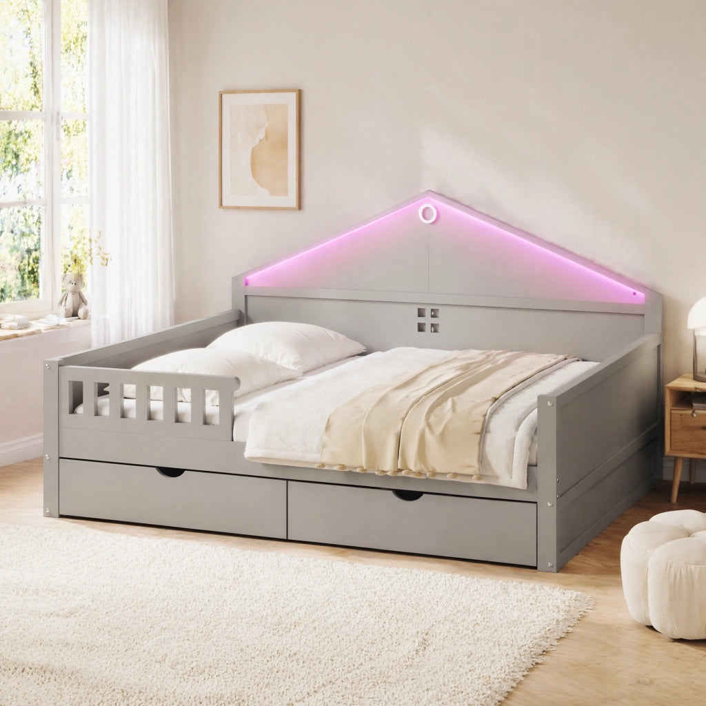 LETTO 140x200 cm con LED e 2 cassetti, grigio, legno di pino e MDF