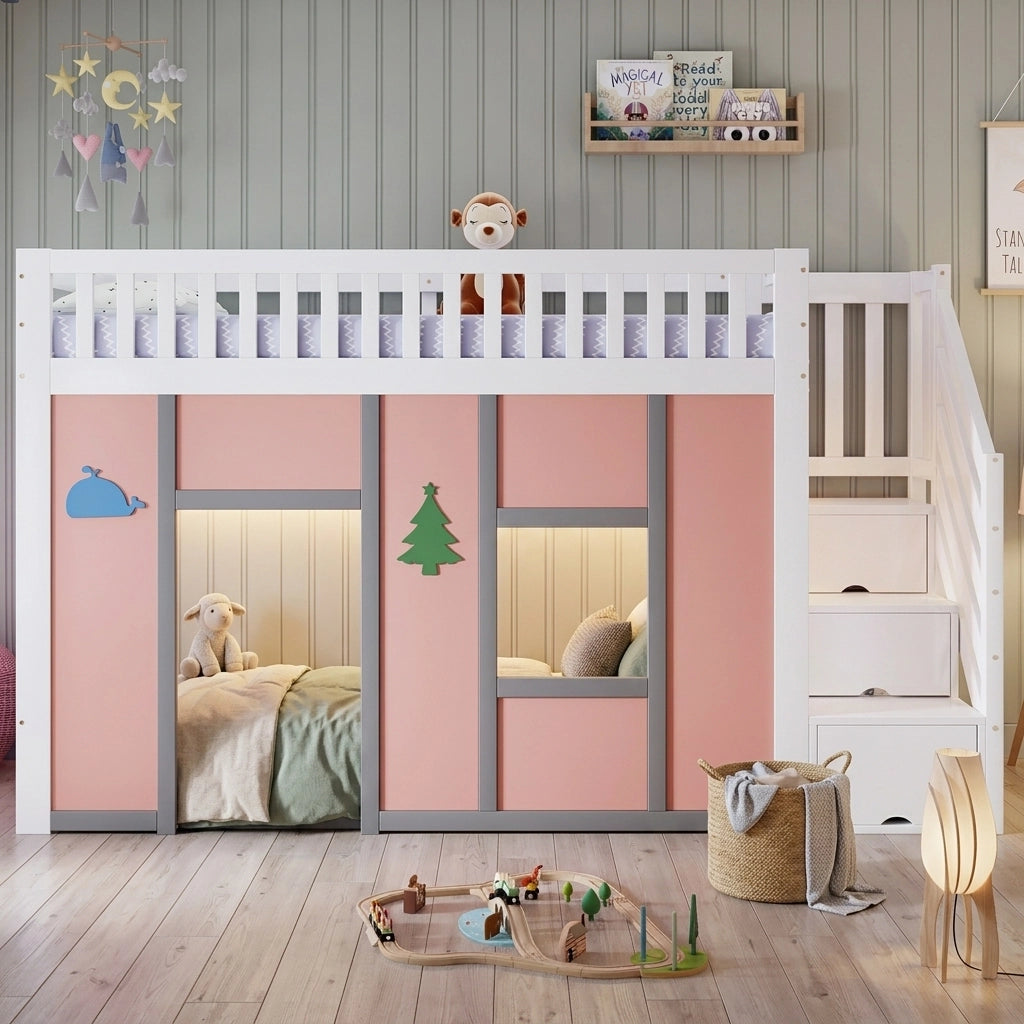 LETTO A SOPPALCO 90x200 cm Bianco e Rosa con scala contenitore