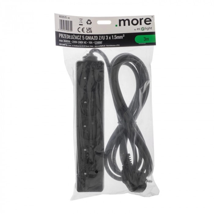 Prolunga elettrica 5 prese 3 m con terra nero Ecolight
