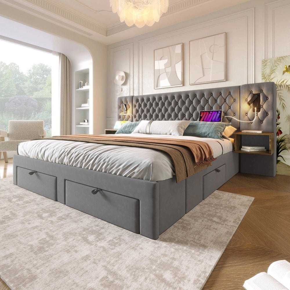 Letto Matrimoniale Imbottito con 2 Comodini e Cassetti, LED e USB ¨C MINIMAL ¨C Grigio Velluto 160x200