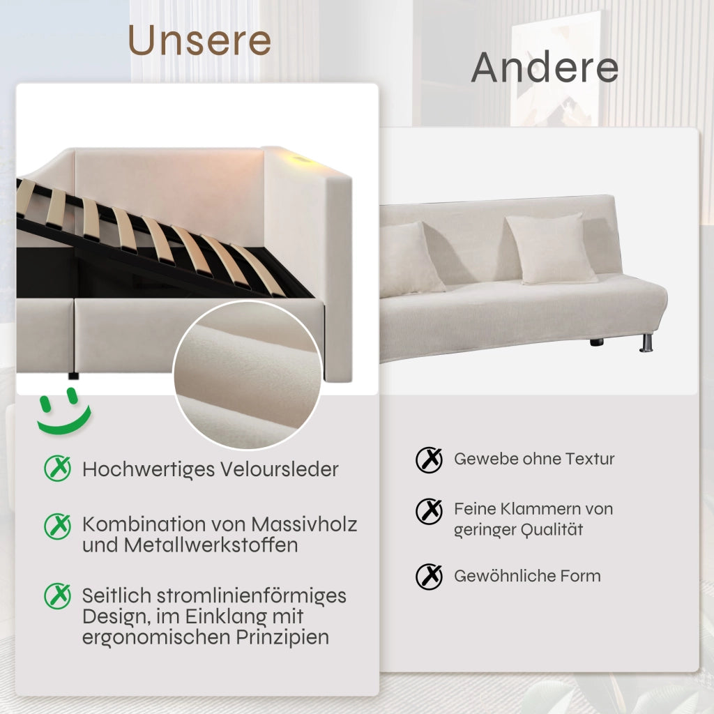 LETTO Daybed 90x200 cm in velluto beige con stoccaggio idraulico, lampada e USB-C