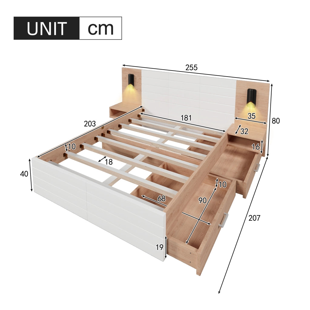 DESMIU Letto con cassetti letto matrimoniale 2 posti con 2 cassetti, lampada da lettura e USB, 180 × 200 cm, senza materasso