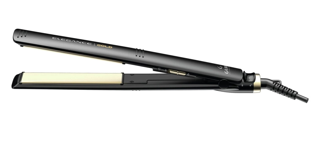 GA.MA Piastra Elegance Gold: trafile larghe in ceramica e olio d'argan oro fluido, ceramica ion, effetto liscio o mosso a lungo, riscaldamento istantaneo, temperatura ideale fissa, pulsante chiudi piastra