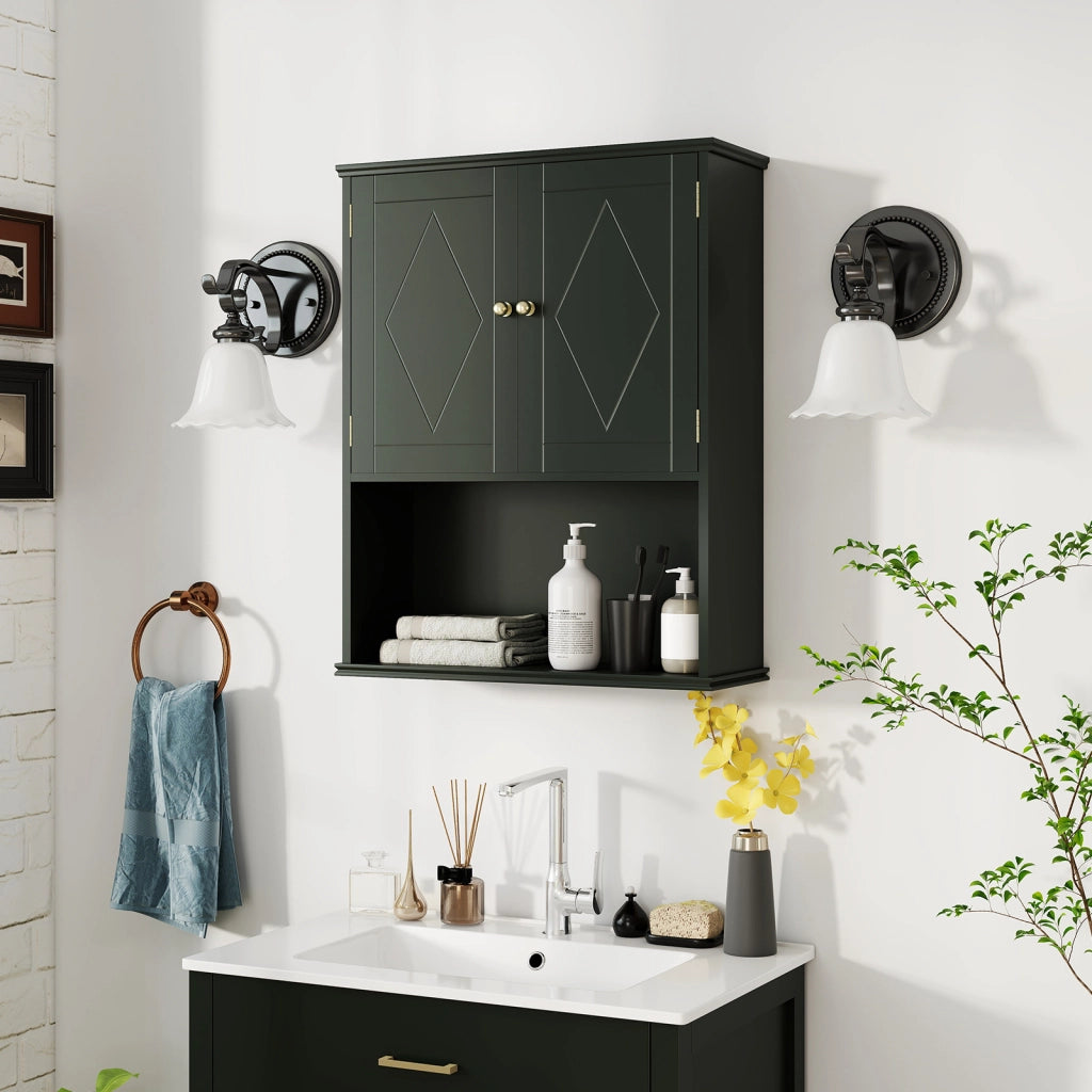 Armadietto muro bagno medico 2 ante ripiano aperto regolabile, Armadietto organizer salvaspazio sopra water lavanderia cucina Verde