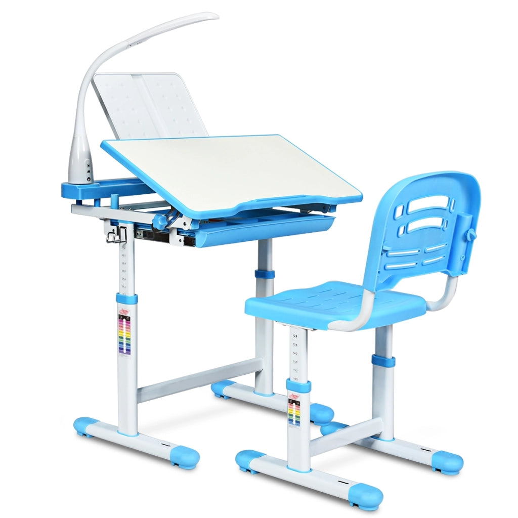 Scrivania per bambini altezza regolabile 54-76cm Set tavolo e sedie bimbi inclinabile con lampada, Blu