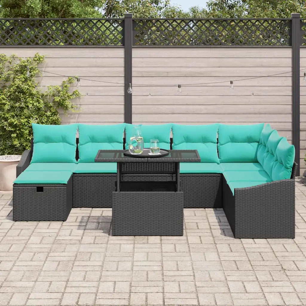 Set Divano da Giardino con cuscino 9 pcs Nero Poly Rattan 3359863