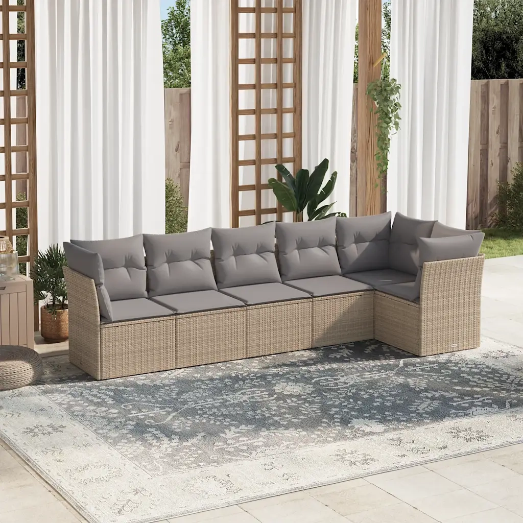 Set Divano da Giardino 6 pz con Cuscini Beige in Polyrattan