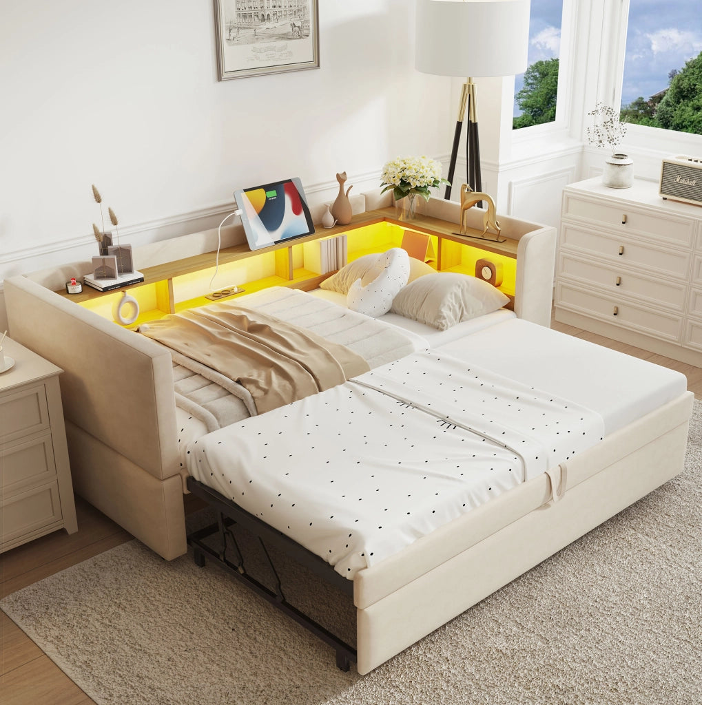 Divano letto imbottito multifunzione con vani contenitore, LED e prese integrate