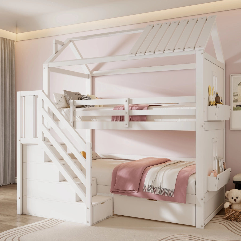 LETTO a castello 90x200 cm bianco con scala contenitore e cassetti