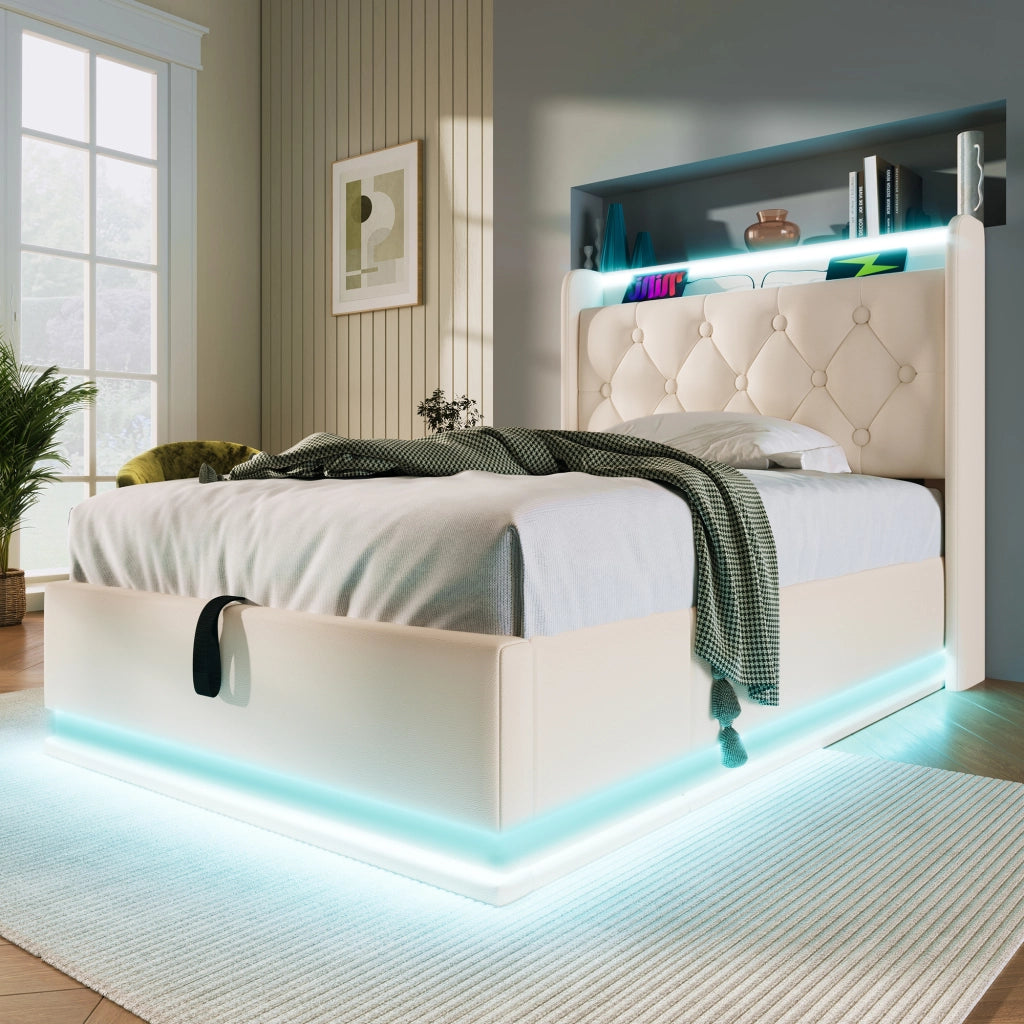 LETTO 90x200 cm con LED, USB Tipo-C, PU bianco, contenitore idraulico