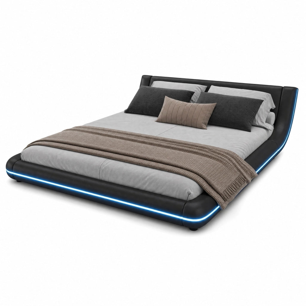 Letto basso 160x200 cm in PU e MDF con LED ambientale, nero