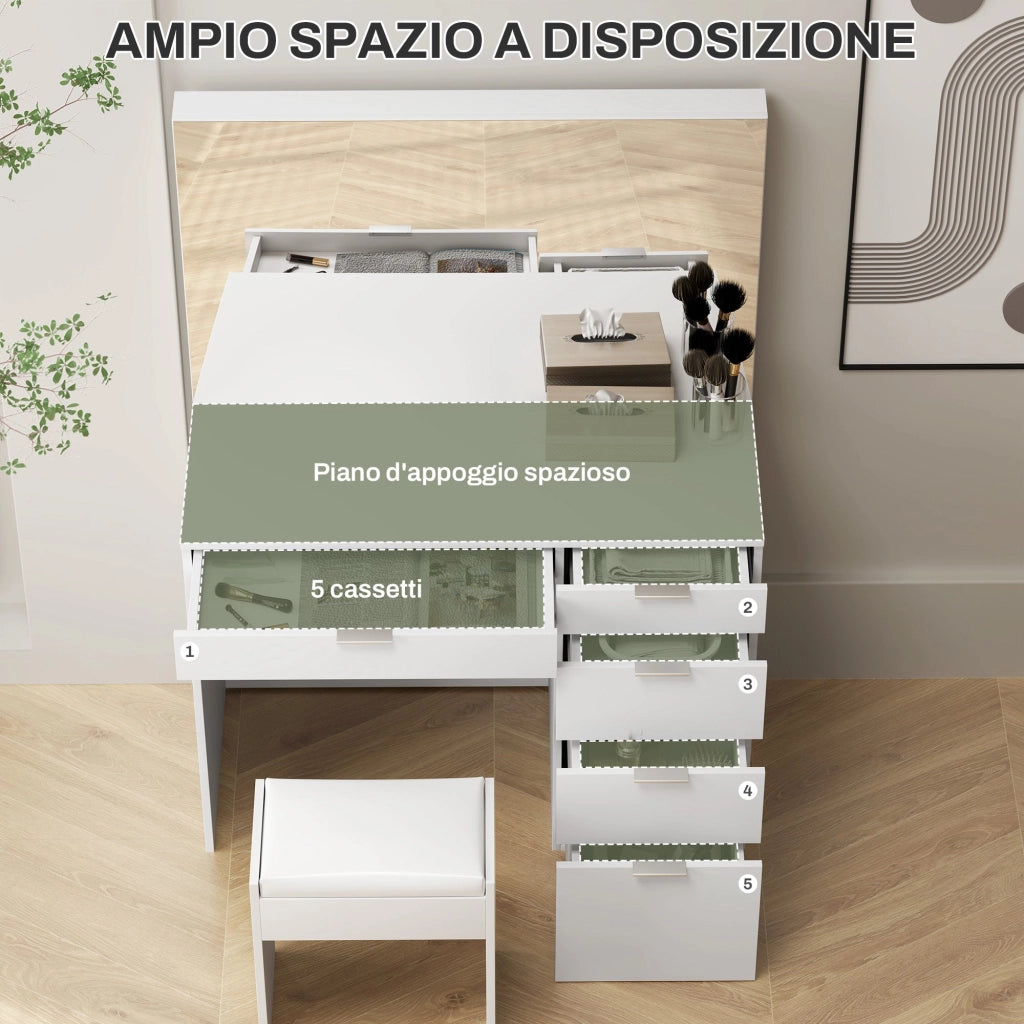 Consolle Trucco con Specchio 5 Cassetti e Sgabello 97,2x44,5x136,5 cm Bianco