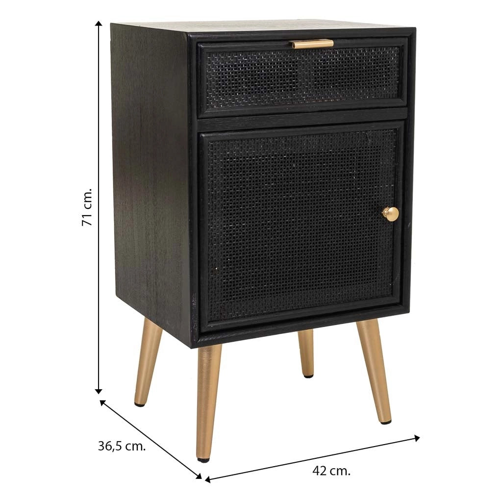 Comodino in legno laccato nero e rete 42x36,5x71
