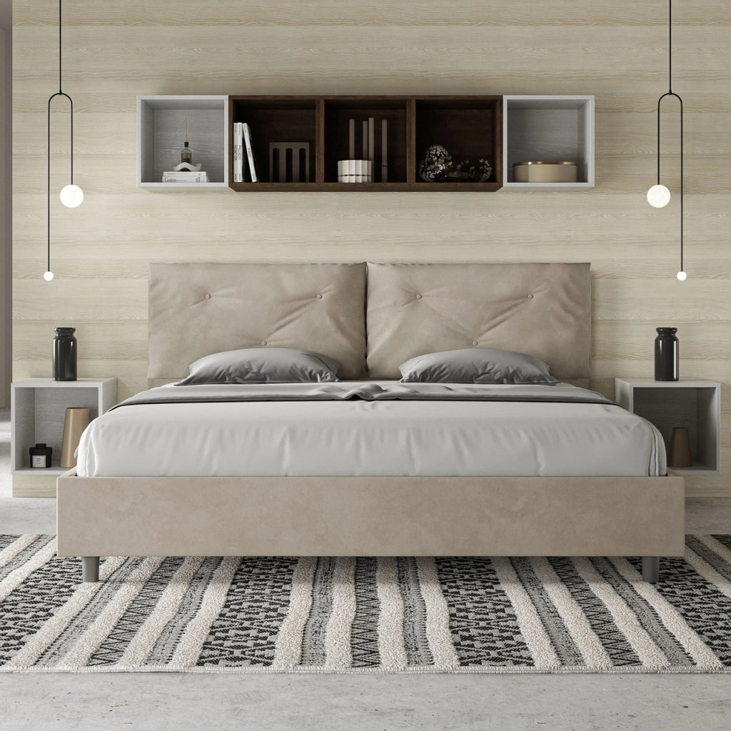 BS COM Letto matrimoniale king size contenitore imbottito 200x210 microfibra sabbia