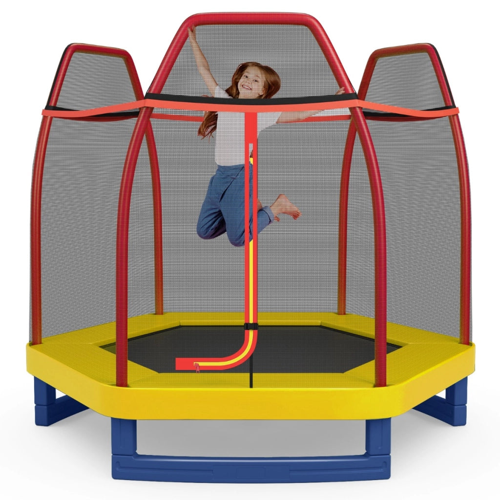 Tappeto elastico 223 cm con rete di sicurezza e cuscinetto a molle, Mini tappeto elastico per bambini Rosso-Trampolini