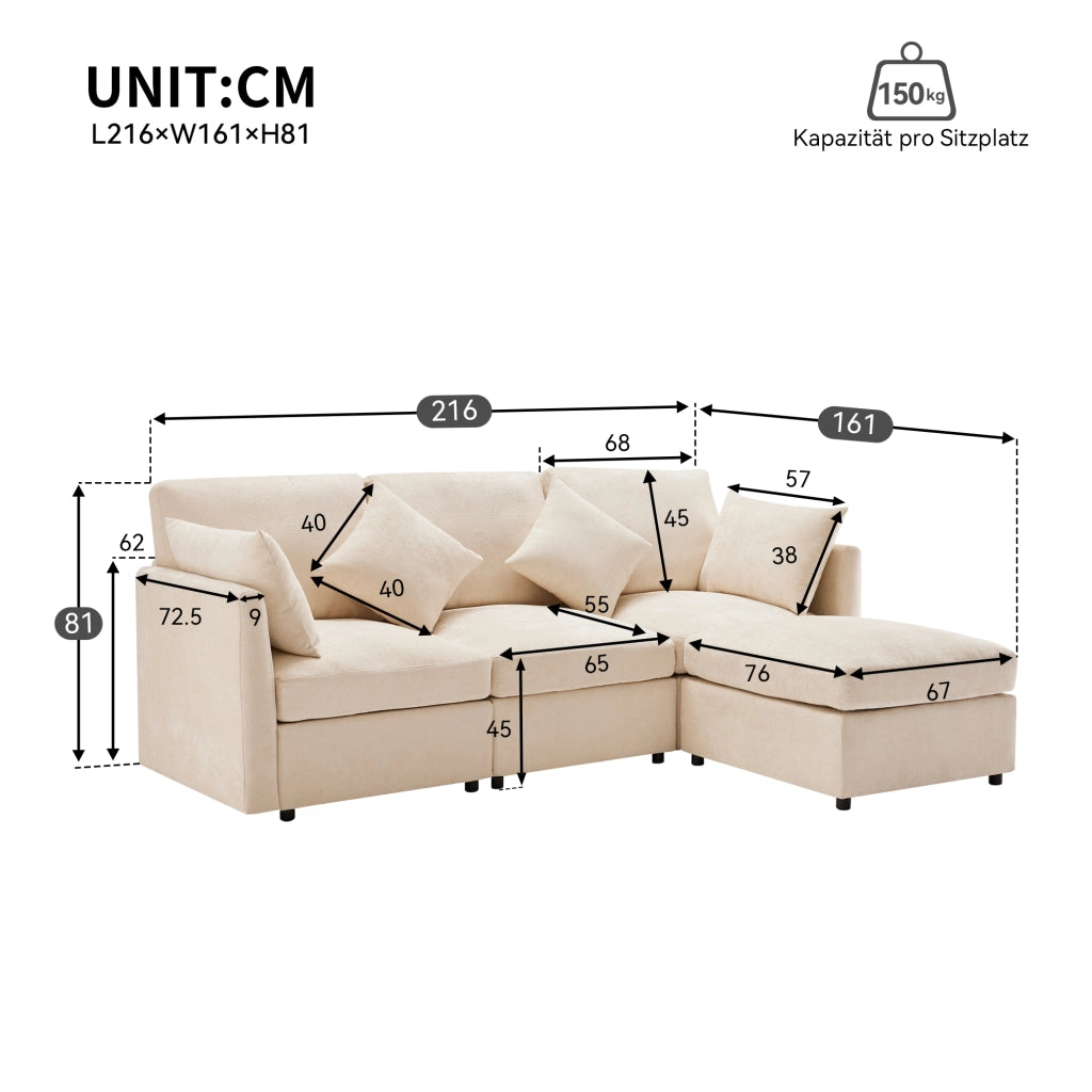 Divano angolare L convertibile in 3 posti - Zephmum - Modulare con pouf mobile e 4 cuscini in chenille, beige